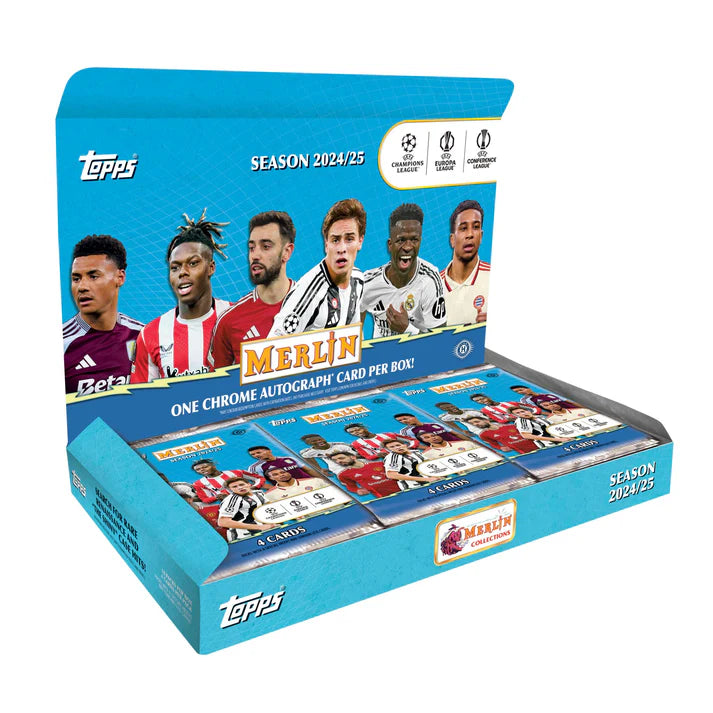 Merlin Topps trading card pack for Season 2024/25 with player images on a blue background