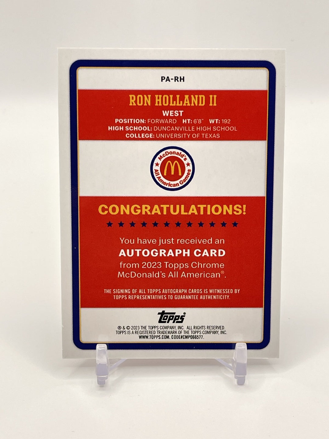Ron Holland 2023 Topps McDonald's All American 🔥On Card AUTO🔥 #PA-RH Pistons