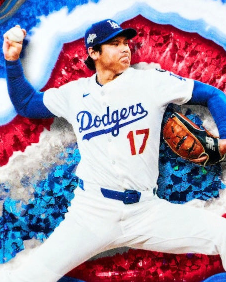 Baseball player in a Dodgers uniform with a colorful abstract background