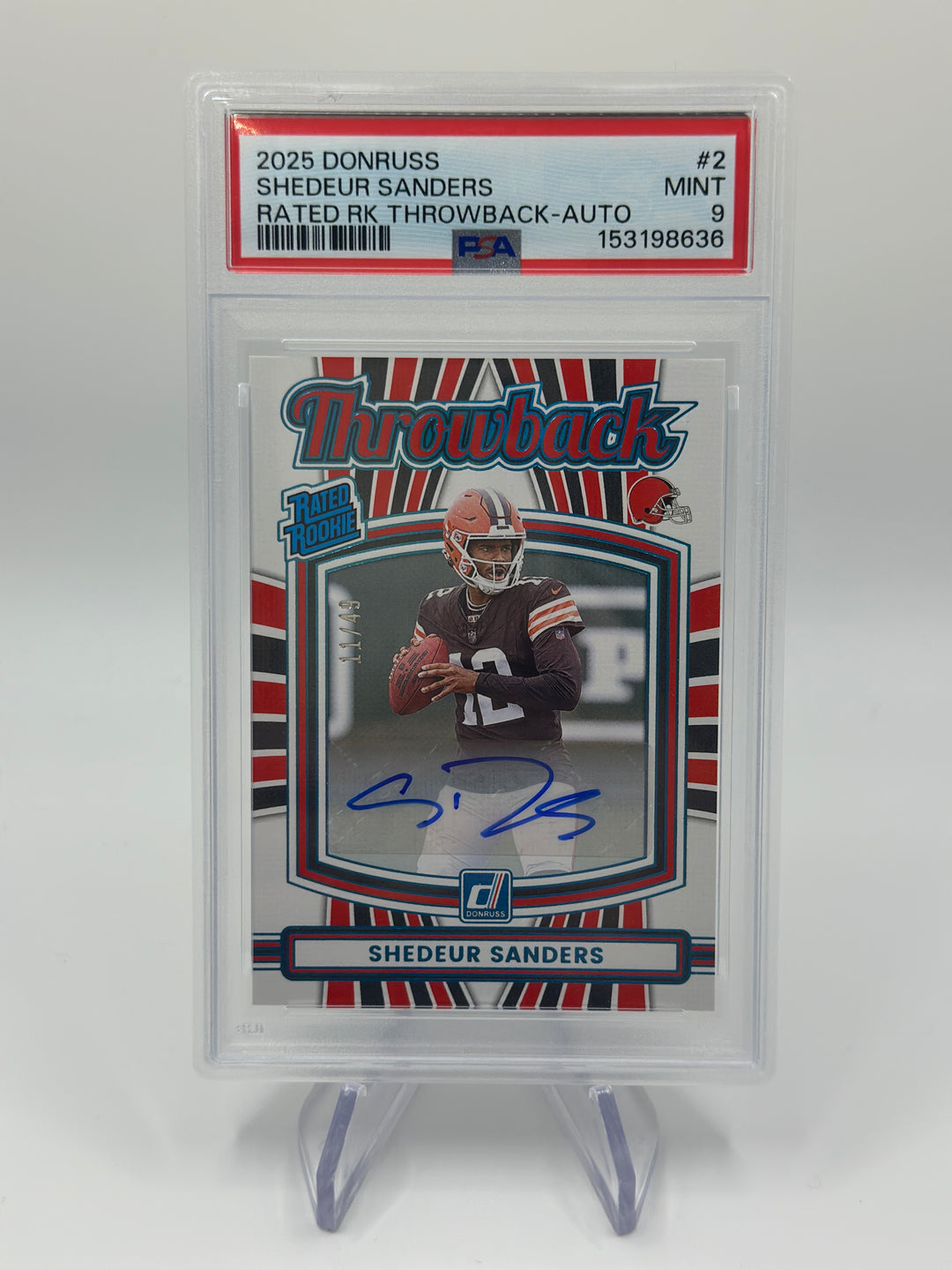 2025 Donruss Shedeur Sanders Throwback Rated Rookie /49 Auto #2 PSA 9