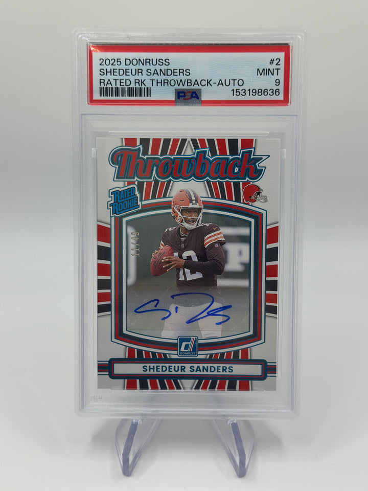 2025 Donruss Shedeur Sanders Throwback Rated Rookie /49 Auto #2 PSA 9