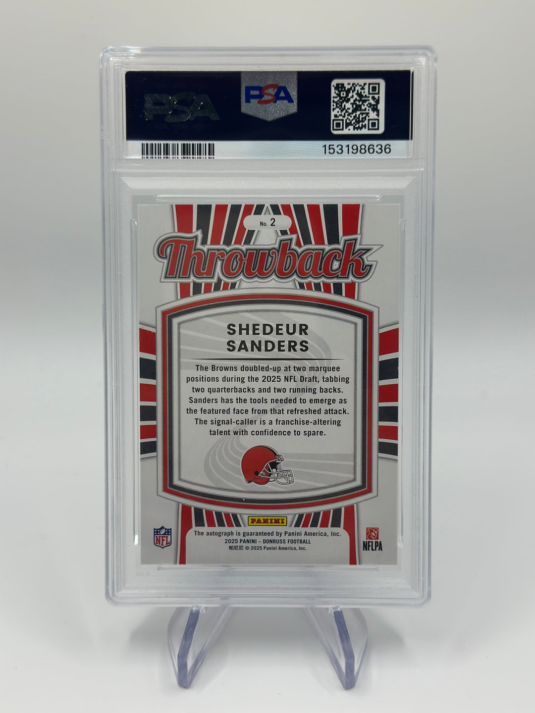 2025 Donruss Shedeur Sanders Throwback Rated Rookie /49 Auto #2 PSA 9