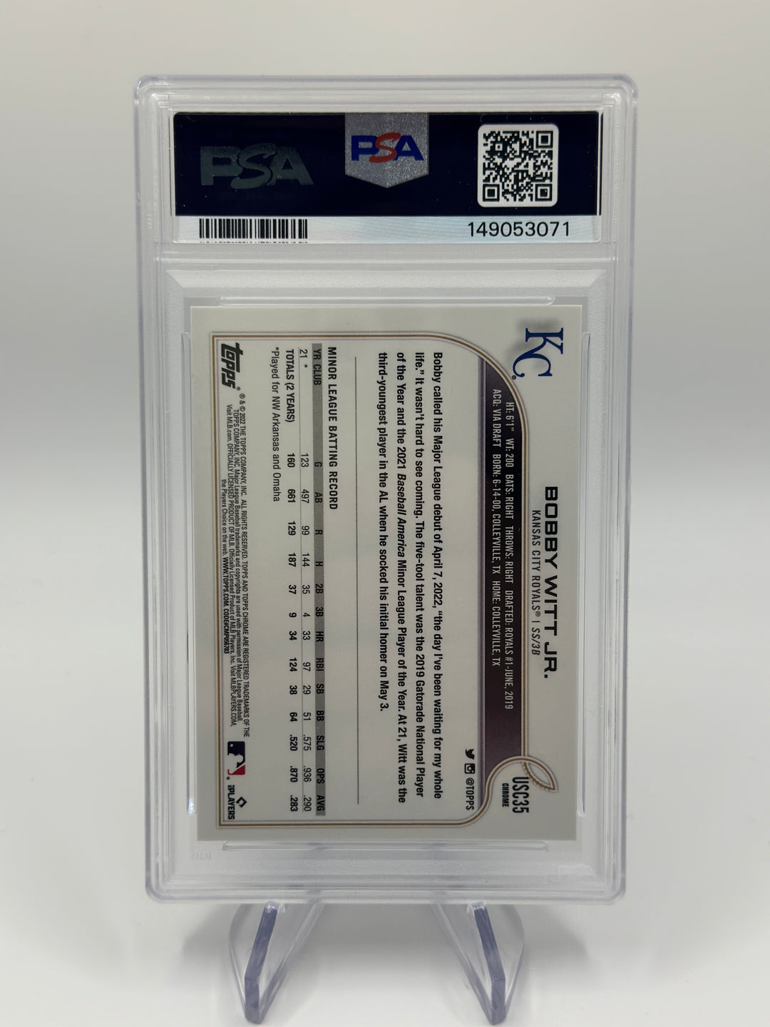 2022 Topps Chrome Update Bobby Witt Jr Purple #USC35 PSA 10