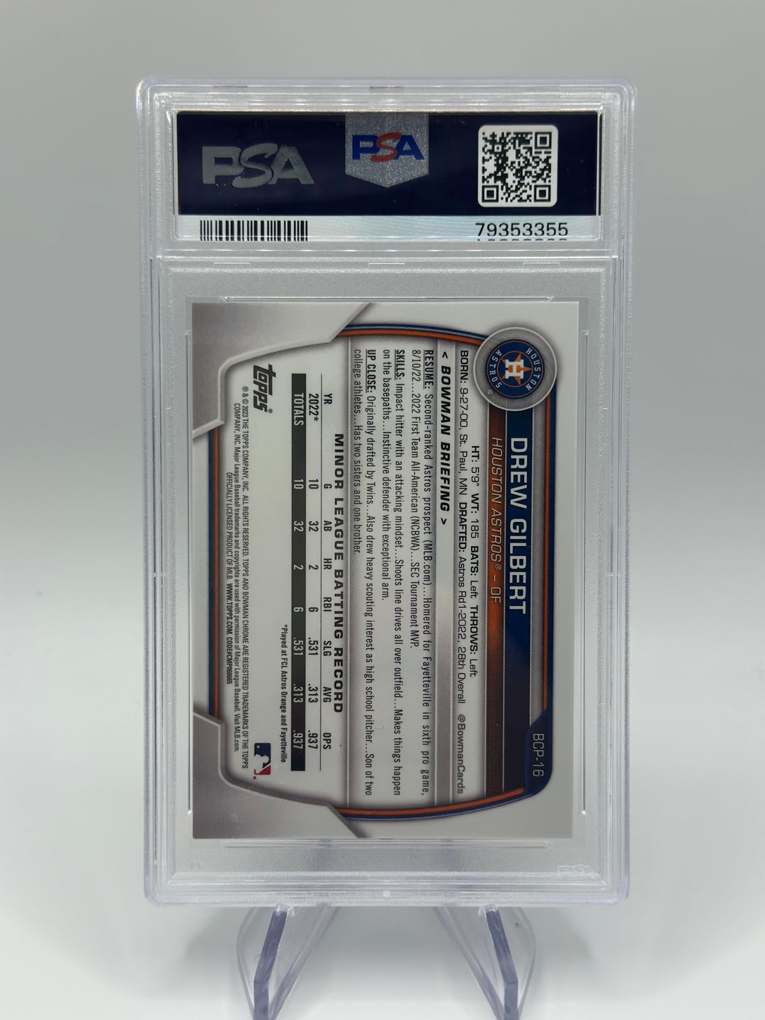 2023 Bowman Chrome Prospects Purple Refractor #BCP-16 Drew Gilbert /250 PSA 10