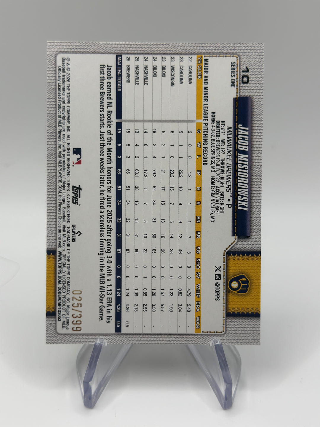 2026 Topps Series 1 Jacob Misiorowski #10 Yellow Holo Foil /399 RC