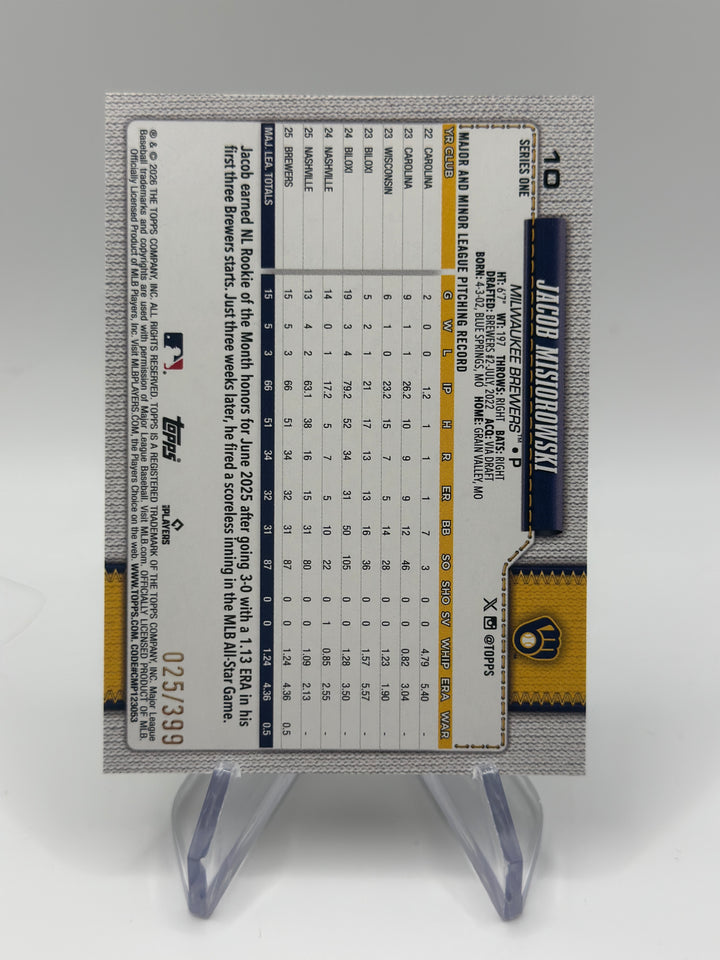 2026 Topps Series 1 Jacob Misiorowski #10 Yellow Holo Foil /399 RC