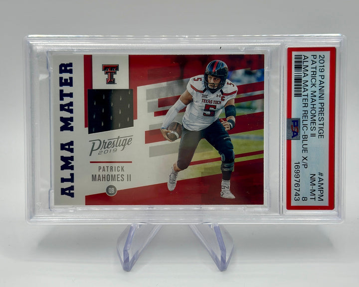 2019 Panini Prestige Patrick Mahomes II Alma Mater Relic Blue Player Worn #AMPM PSA 8