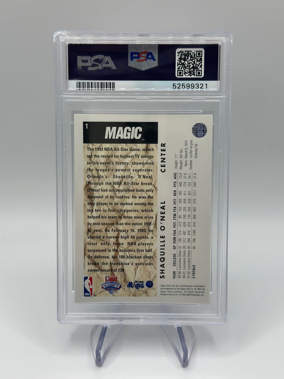 1992 Upper Deck Shaquille O'Neal #1 PSA 8