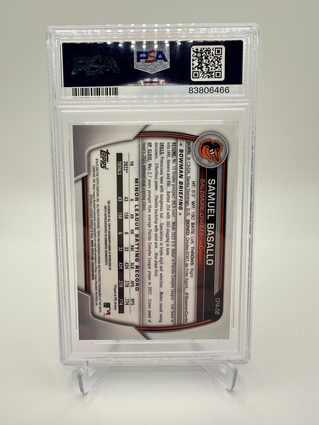 2023 Bowman Chrome Samuel Basallo Auto #CPASB PSA 10