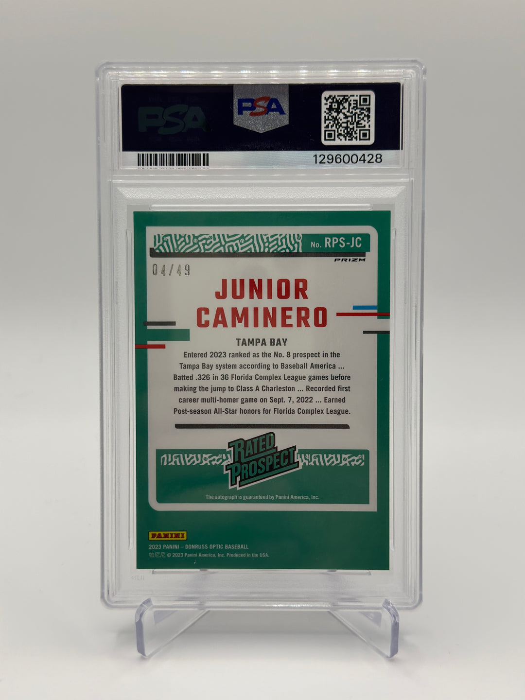 2023 Optic Junior Caminero Red Mojo AUTO /49 PSA 9