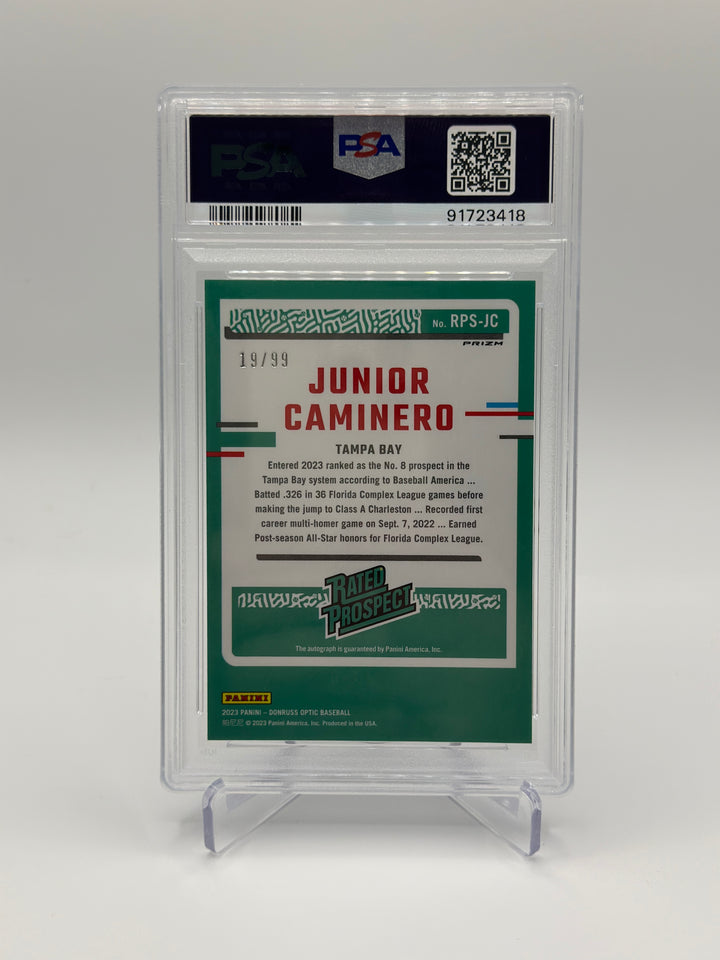 2023 Optic Junior Caminero Purple Auto /99 PSA 9 Auto 10