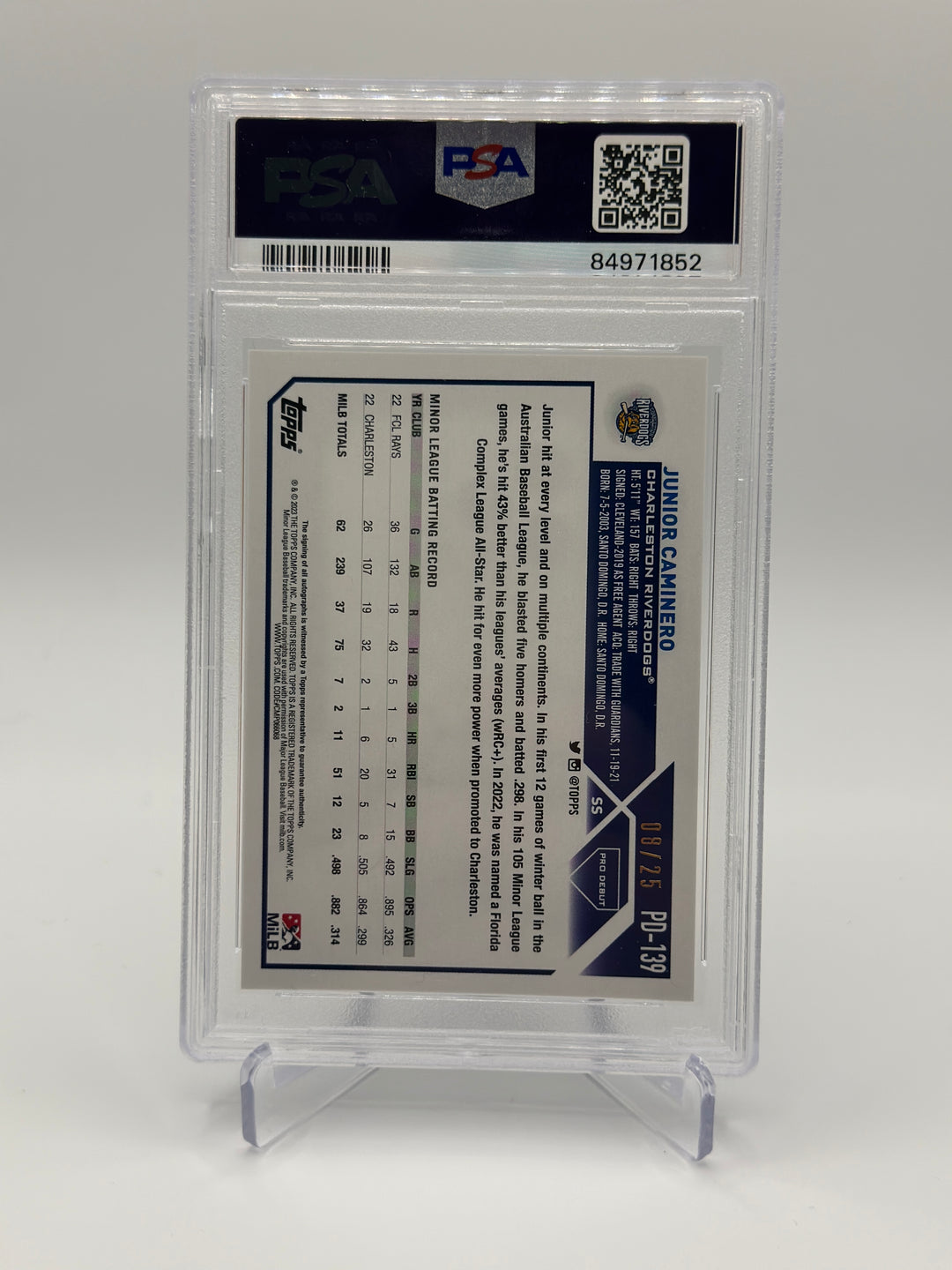 2023 Topps Pro Debut Junior Caminero Orange Auto /25 PSA 9