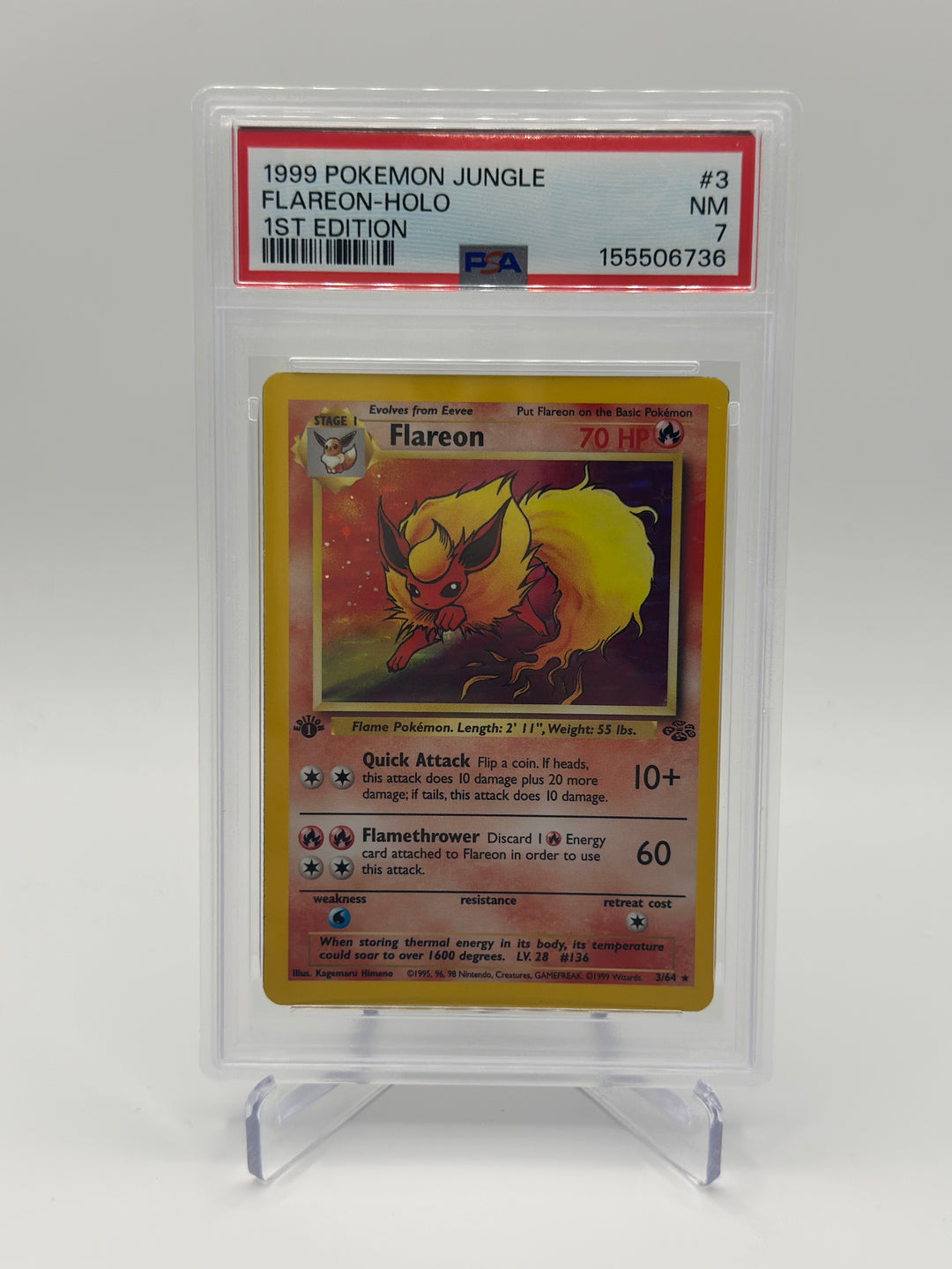 Pokémon 1999 Jungle Flareon 1st Edition Holo Rare 3/64 PSA 7