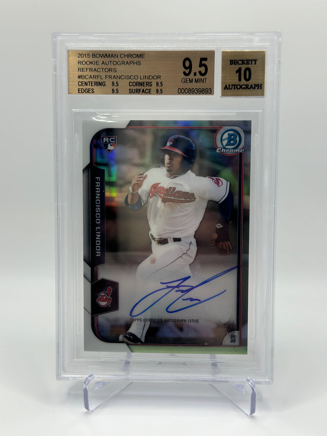 2015 Bowman Chrome Francisco Lindor Refractor Auto /499 BGS 9.5 AUTO 10