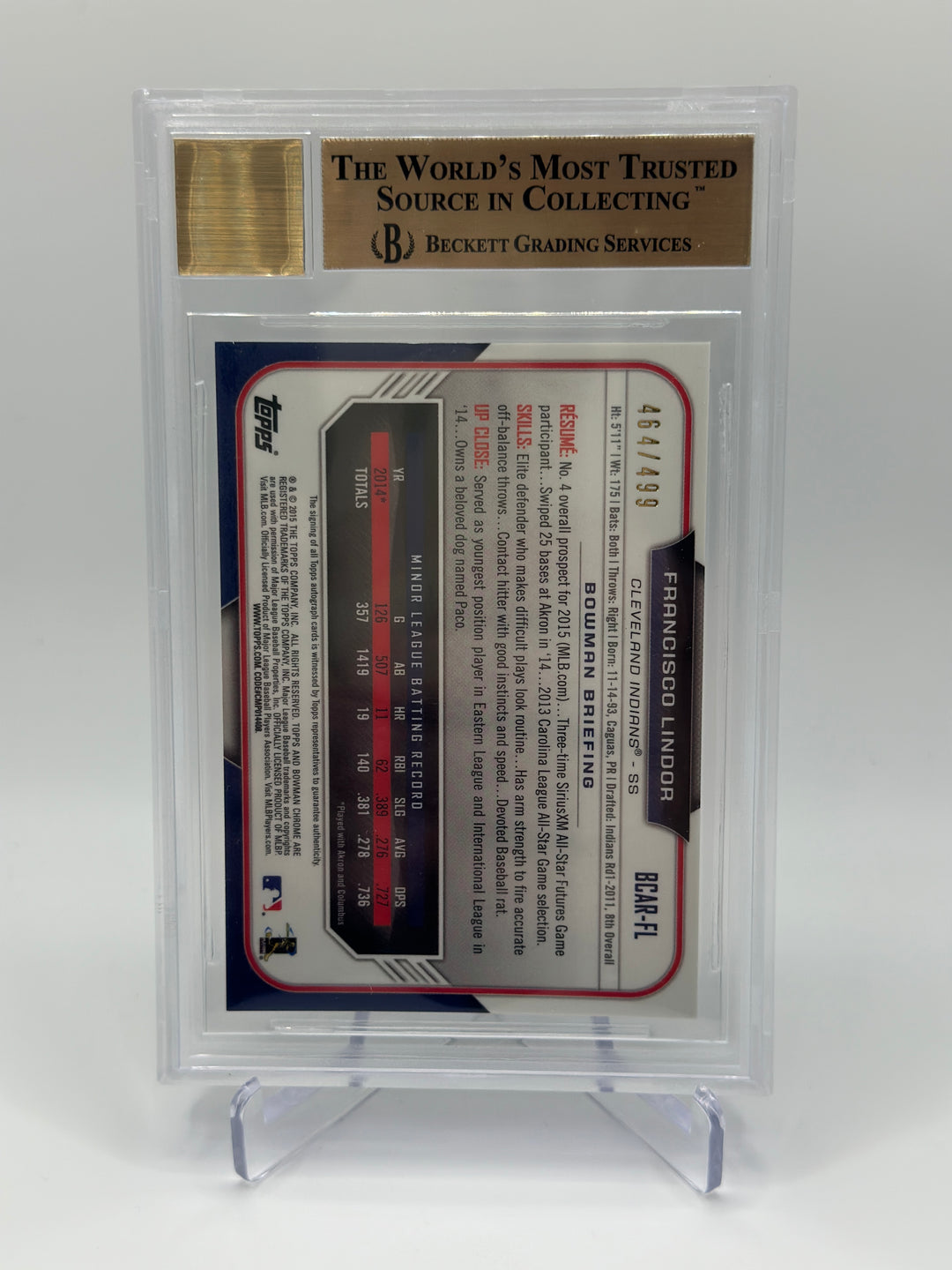 2015 Bowman Chrome Francisco Lindor Refractor Auto /499 BGS 9.5 AUTO 10