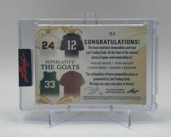 2023 Leaf Superlative Willie Mays Tom Brady Larry Bird Roger Federer Jersey /20
