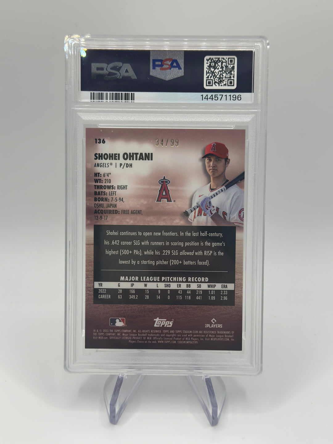 2023 Topps Stadium Club Shohei Ohtani Orange /99 #136 PSA 8