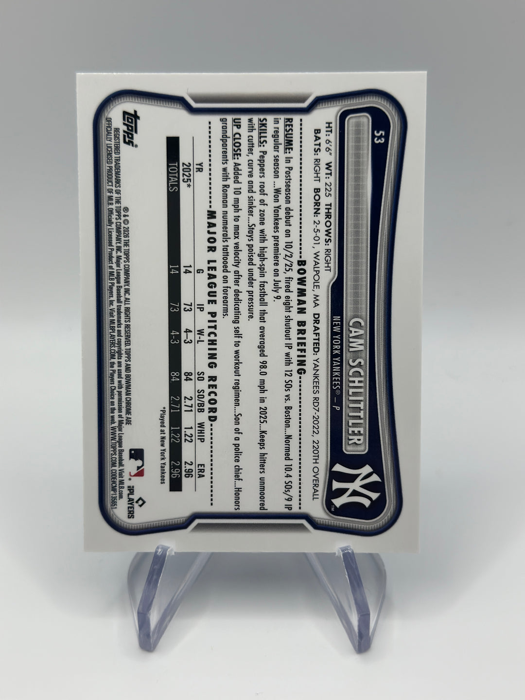 2026 Bowman Chrome Cam Schlittler Blue /150