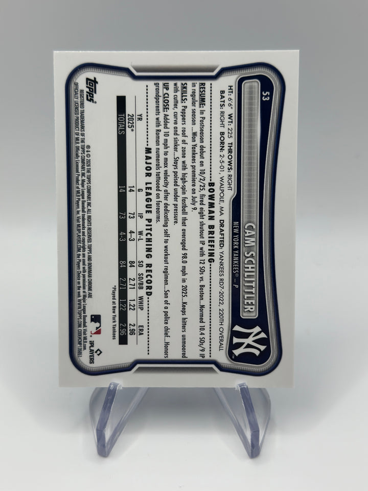 2026 Bowman Chrome Cam Schlittler Blue /150