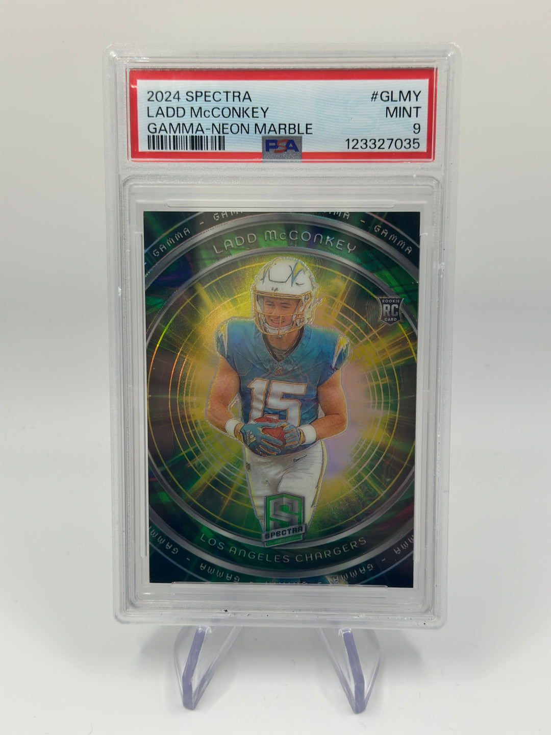 2024 Spectra Ladd McConkey Gamma Neon Marble /4 PSA 9
