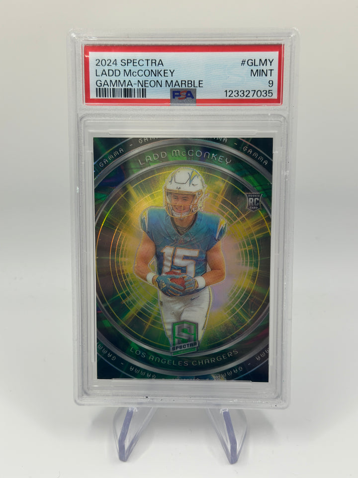 2024 Spectra Ladd McConkey Gamma Neon Marble /4 PSA 9