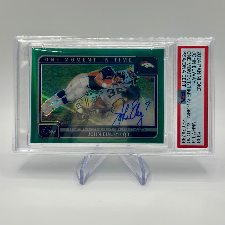 2024 Panini One John Elway One Moment In Time Green /40 Auto PSA 8 Auto 10