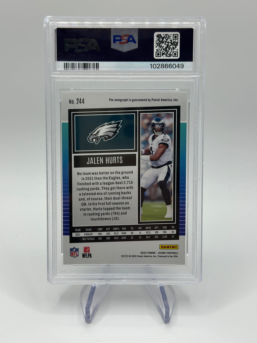 2022 Score Jalen Hurts Gold /50 #244 PSA 8