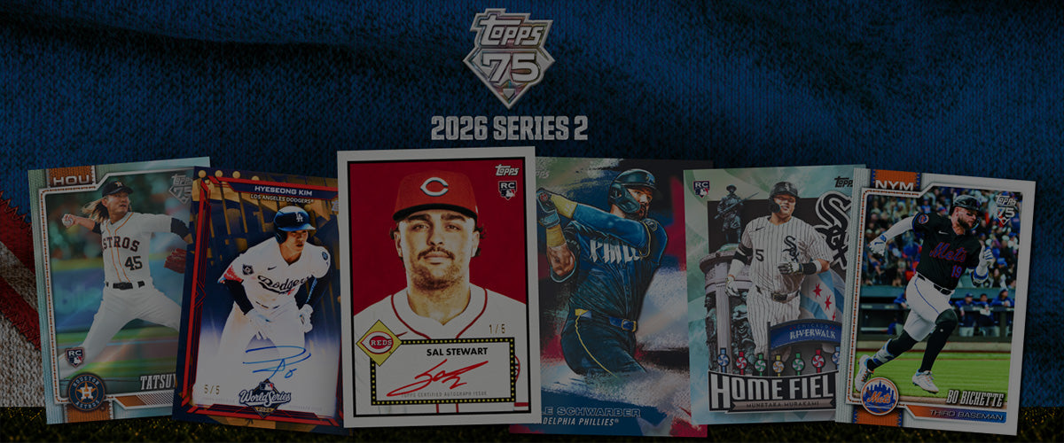 Collection of Topps 2026 Series 2 baseball trading cards on a blue background