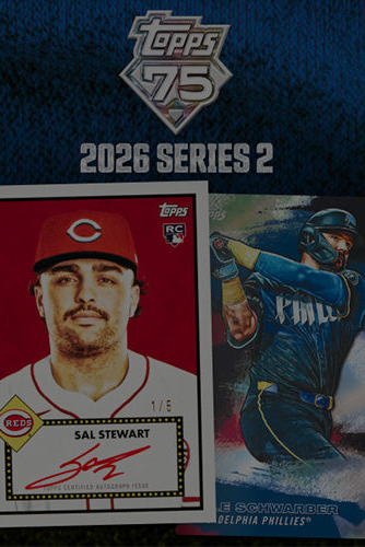 Baseball trading cards featuring players with Topps branding on a blue background.