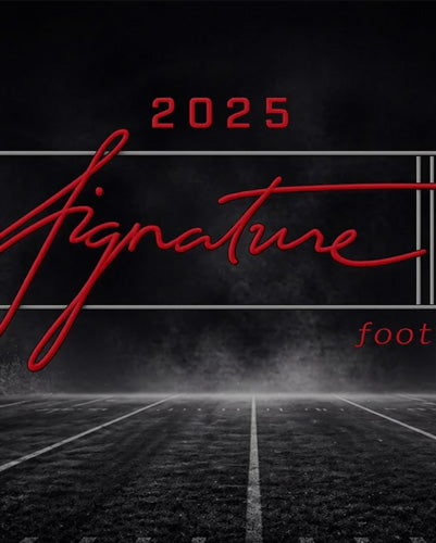 Football field with '2025 Signature Class Football' text and footballs in the background