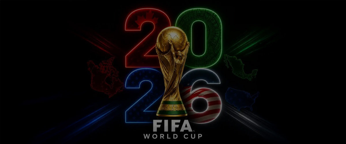 2026 FIFA World Cup logo with a trophy on a dark background