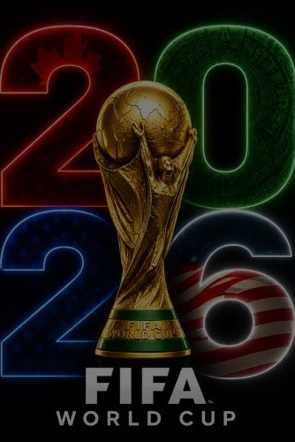 FIFA World Cup trophy with 2026 text and colors on a dark background